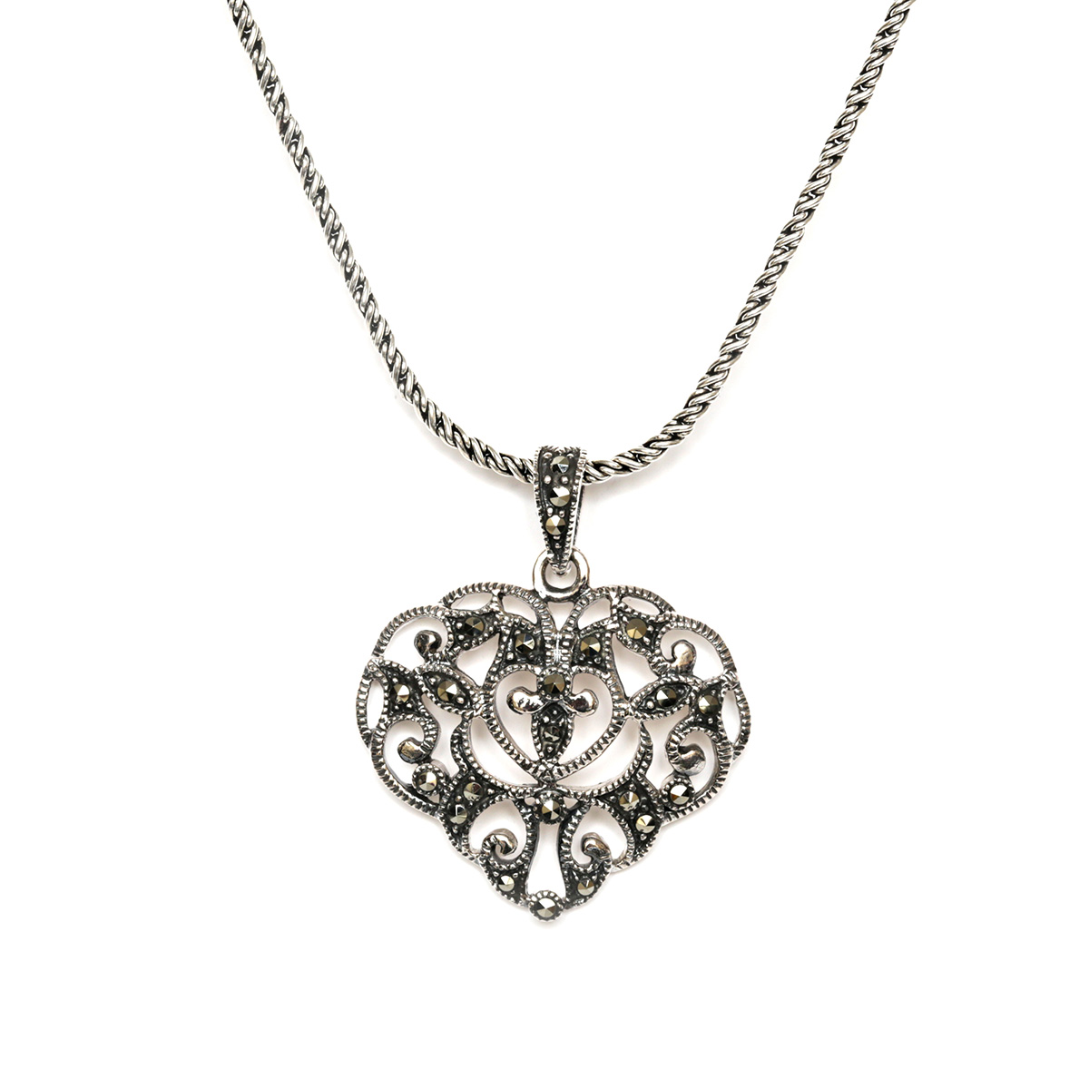 Beautiful Art Deco Style Heart Pendant In Marcasite & Sterling Silver ...